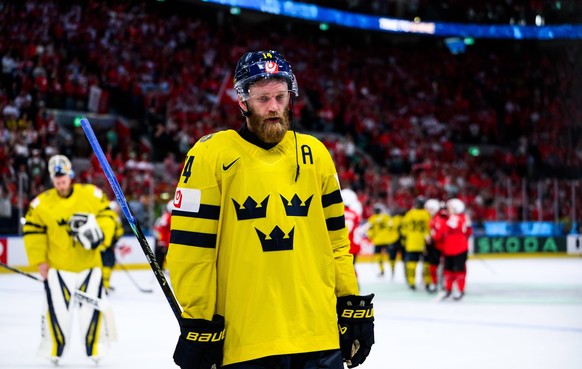 260528 Mattias Ekholm of Sweden looks dejected after the 2026 IIHF Ice hockey, Eishockey World Championship, WM, Weltmeisterschaft quarterfinal match between Switzerland and Sweden on May 28, 2026 in  ...