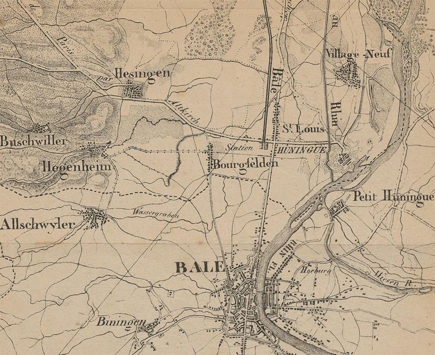 Ausschnitt aus dem Plan der Zugstrecke von Strassburg nach Basel um 1840. Noch fehlt der Schweizer Abschnitt.
https://www.e-rara.ch/zut/content/titleinfo/6963408