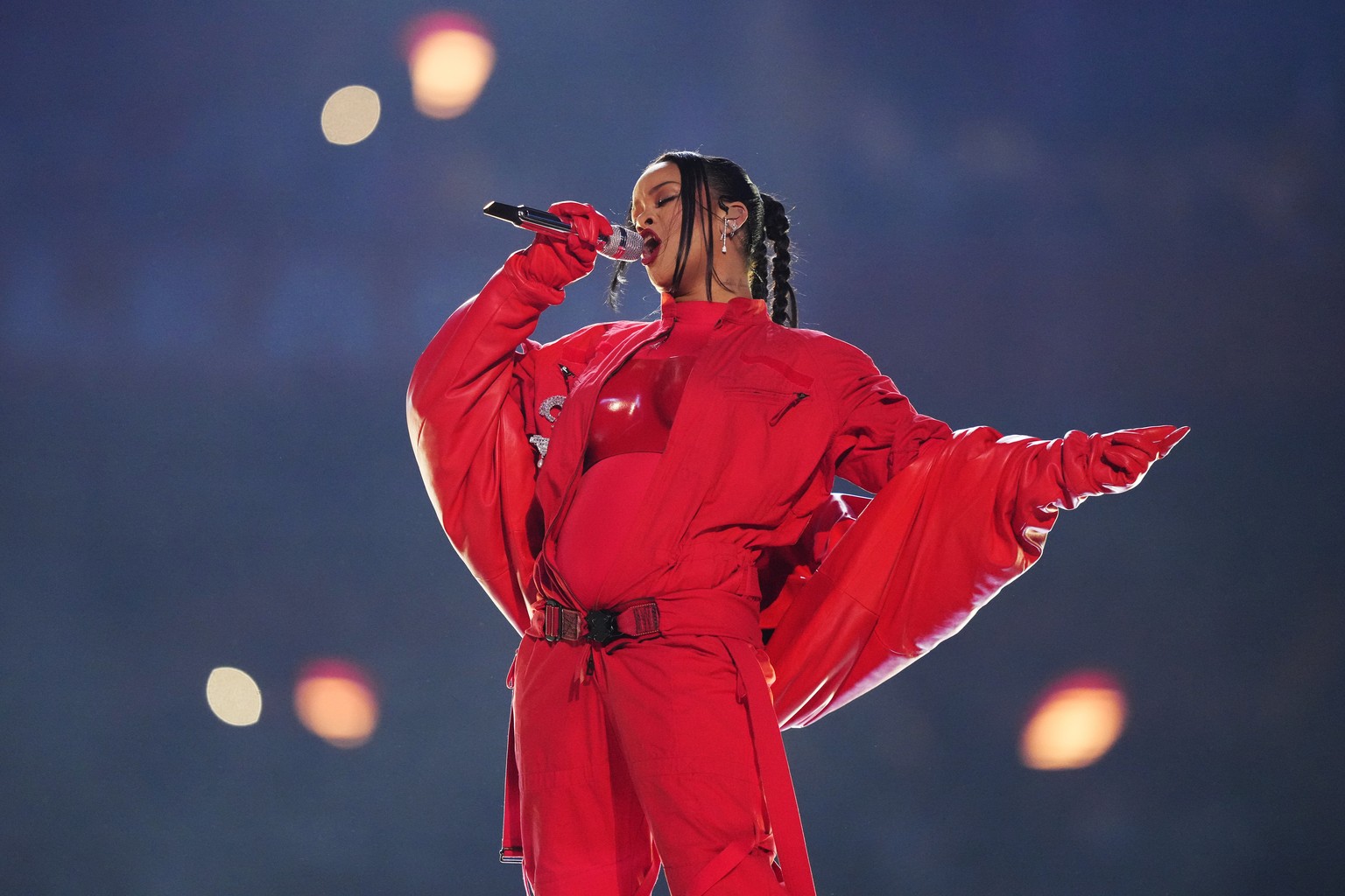 FILE - Rihanna performs during the halftime show at the NFL Super Bowl 57 football game between the Kansas City Chiefs and the Philadelphia Eagles on Feb. 12, 2023, in Glendale, Ariz. (AP Photo/Matt S ...