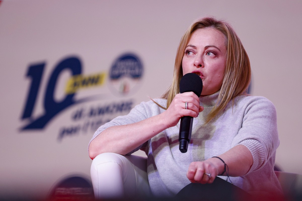 epa10370645 Italian Prime Minister and President of the 'Brothers of Italy' (Fratelli d���Italia / FdI) party, Giorgia Meloni, attends the party's tenth anniversary event at del Popolo� ...