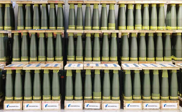 epa12326666 Artillery ammunition is displayed during the official opening ceremony of a new Rheinmetall ammunition plant in Unterluess, Germany, 27 August 2025. According to Rheinmetall once fully ope ...