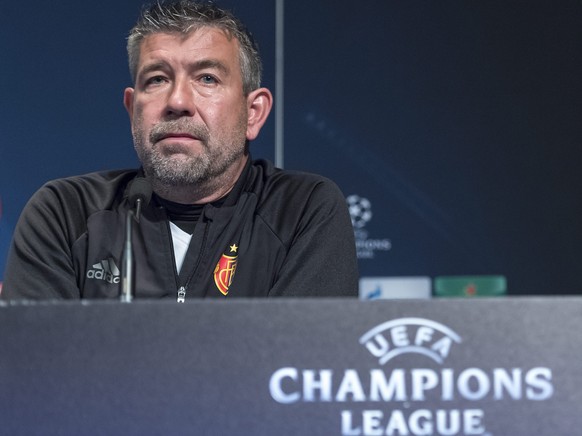 epa05590812 FC Basel head coach Urs Fischer attends a press conference at the Parc des Princes stadium in Paris, France, 18 October 2016. FC Basel will face Paris Saint Germain on 19 October in an UEF ...