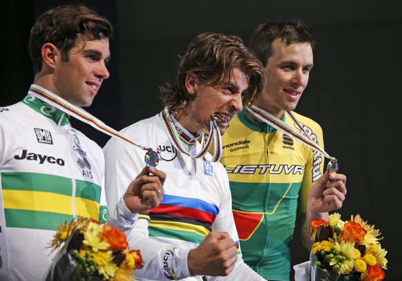 Immer noch hungrig: Weltmeister Sagan, flankiert von Matthews (links) und Navardauskas.