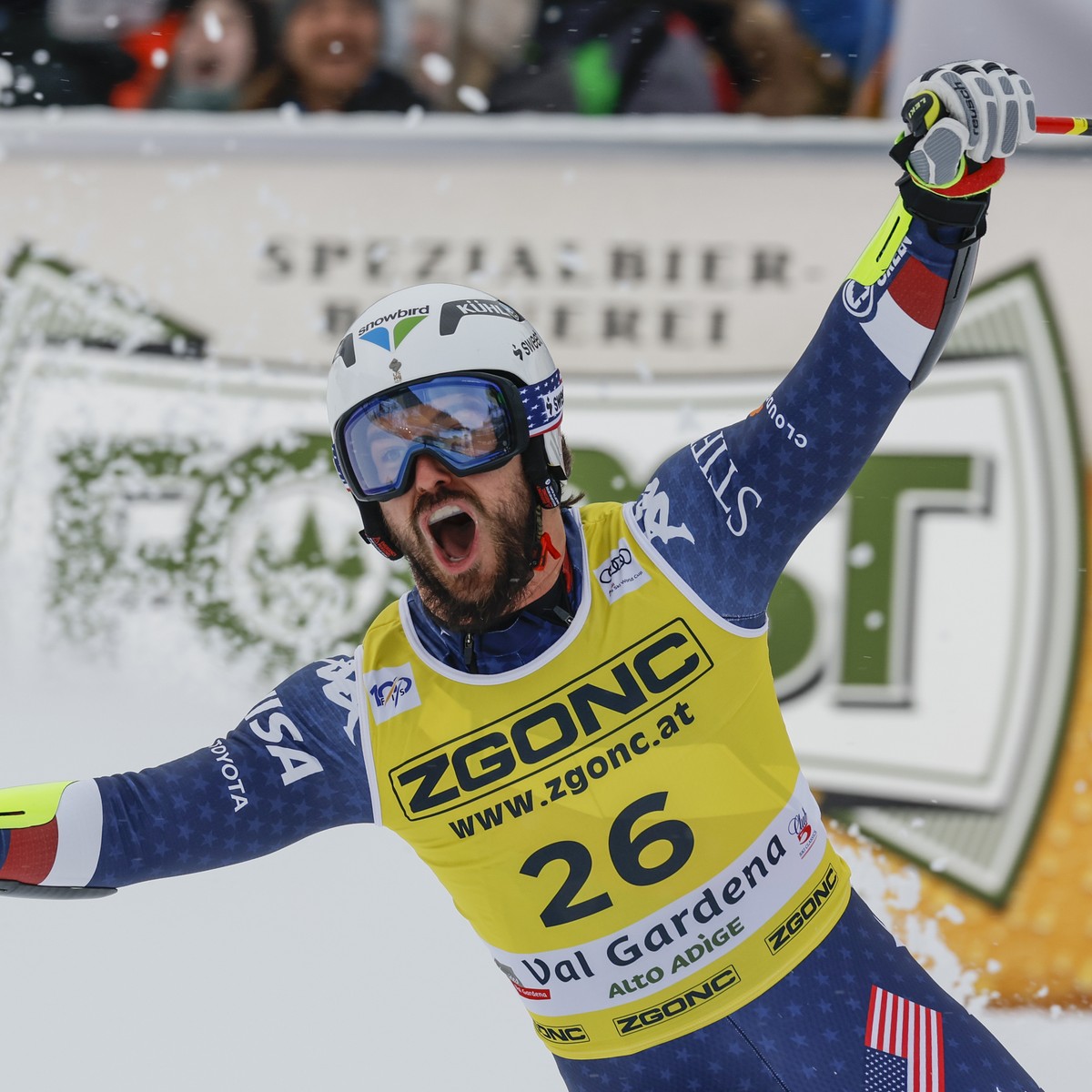 United States' Jared Goldberg gets to the finish area after completing an alpine ski, men's World Cup Super-G in Val Gardena, Italy, Friday, Dec. 20, 2024. (AP Photo/Alessandro Trovati)