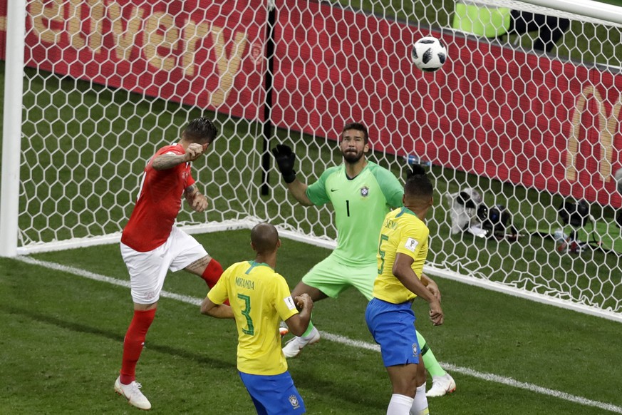 Switzerland&#039;s Steven Zuber, left, scores his side&#039;s first goal during the group E match between Brazil and Switzerland at the 2018 soccer World Cup in the Rostov Arena in Rostov-on-Don, Russ ...
