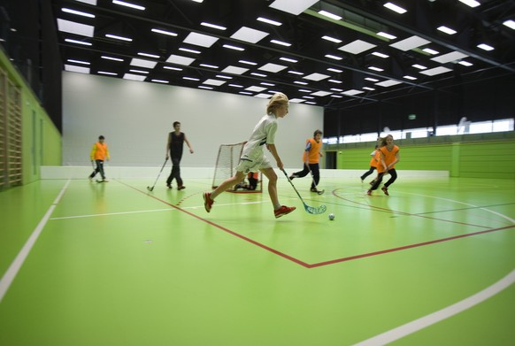 Young participants in a floorball class play a match in the sports hall Hardau in Zurich, Switzerland, pictured on February 11, 2008. The course is part of the holiday sports program of the sports boa ...