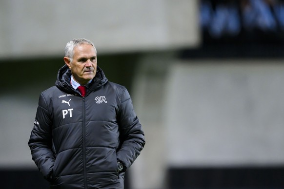 Switzerland&#039;s national soccer teams director Pierluigi Tami reacts during the UEFA Euro 2024 qualifying group I soccer match between Israel and Switzerland at Pancho Arena in Felcsut, southwest o ...