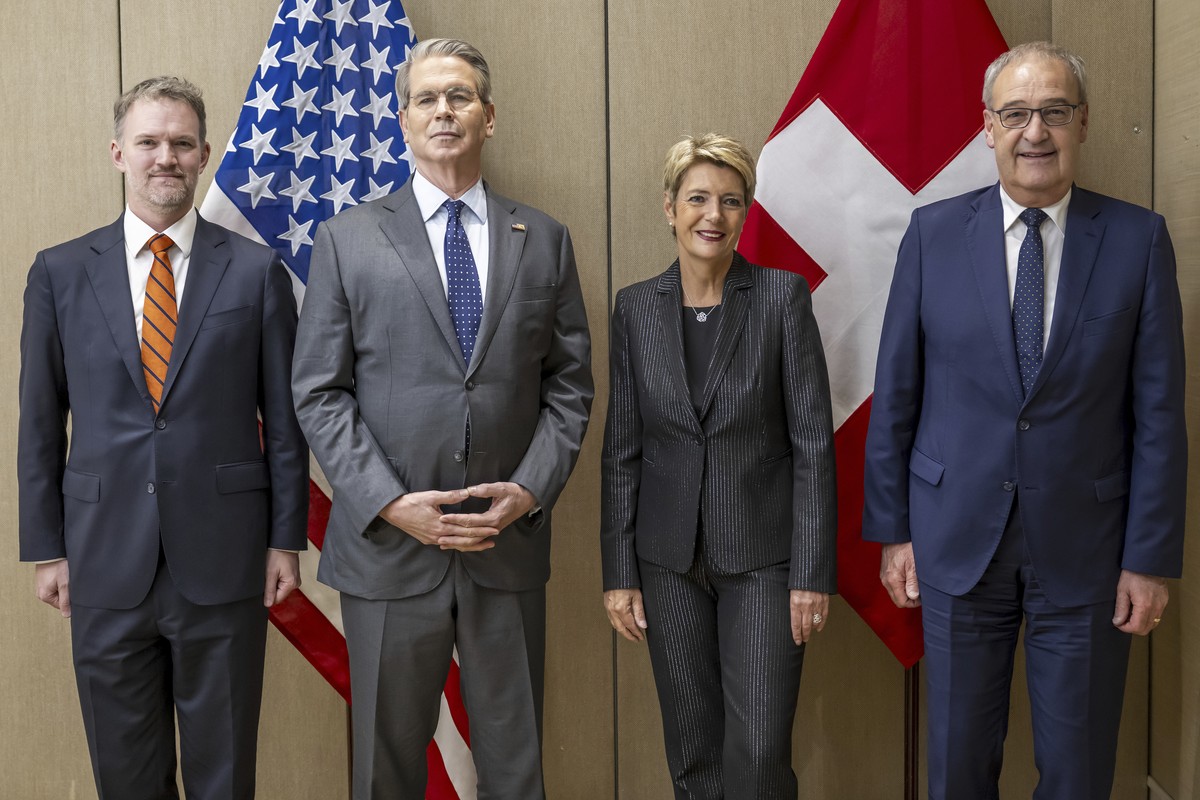 US Trade Representative Jamieson Greer, US Secretary of the Treasury Scott Bessent, Switzerland's President Karin Keller-Sutter, Switzerland's Economy Minister Federal Councillor Guy Parmeli ...