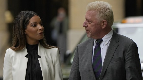 Former Tennis player Boris Becker with Lilian de Carvalho Monteiro as they arrive at Southwark Crown Court for sentencing in London, Friday, April 29, 2022. Becker was found guilty earlier of dodging  ...