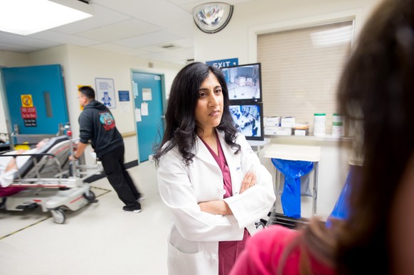 In this June 4, 2015 photo, Dr. Reena Duseja, lead author of a study on emergency room visits, stands in San Francisco General Hospital&#039;s emergency room in San Francisco. No one wants to make a r ...