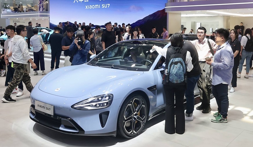 BEIJING, CHINA - APRIL 25: Xiaomi SU7 electric vehicle is on display during the 2024 Beijing International Automotive Exhibition Auto China 2024 at China International Exhibition Center on April 25, 2 ...