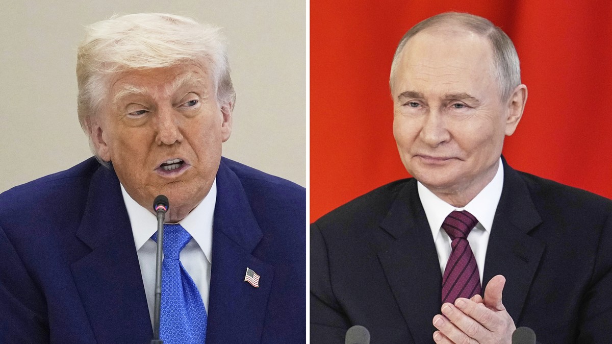 FILE - This combination photo shows U.S. President Donald Trump in a business roundtable in Abu Dhabi, United Arab Emirates, May 16, 2025, left, and Russian President Vladimir Putin at a signing cerem ...
