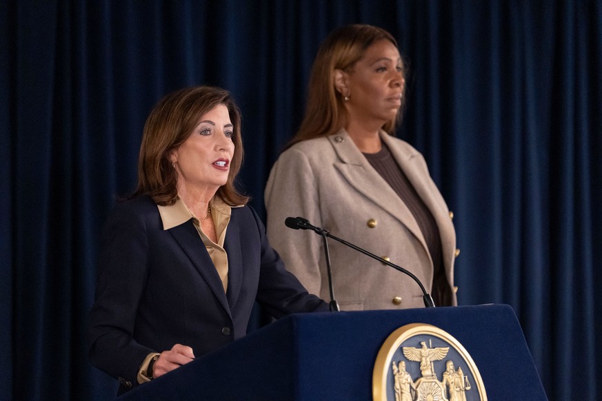 New York Governor Kathy Hochul speaks during a news conference with New York Attorney General Letitia James, Friday, Oct. 2, 2026, in New York. (AP Photo/Yuki Iwamura)
Kathy Hochul,Letitia James