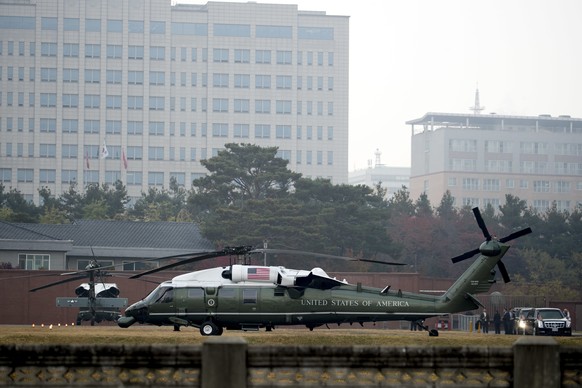Presidential helicopters are grounded as President Donald Trump returned to U.S. Army Garrison Yongsan, Seoul, South Korea, Wednesday, Nov. 8, 2017, after attempting to visit the Demilitarized Zone (D ...