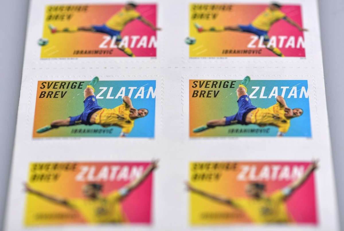 epa04142694 Swedish stamps feature the Swedish football player Zlatan Ibrahimovic, released in Stockholm, Sweden, 27 March 2014. Sweden captain Zlatan Ibrahimovic's stunning performance in a 2012 ...