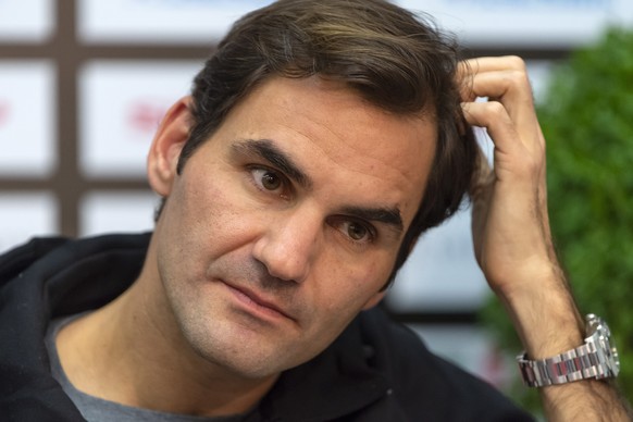 epa07109166 Switzerland&#039;s Roger Federer attends a press conference at the Swiss Indoors tennis tournament at the St. Jakobshalle in Basel, Switzerland, 21 October 2018. EPA/GEORGIOS KEFALAS