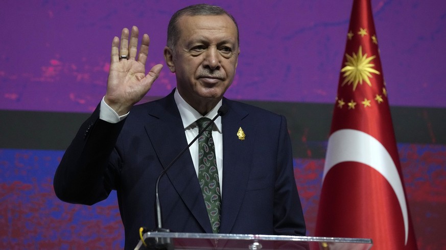 Turkey President Recep Tayyip Erdogan gestures as he speaks during a press conference on the sidelines of the G20 Leaders&#039; Summit at Nusa Dua in Bali, Indonesia on Wednesday, Nov. 16, 2022. (AP P ...