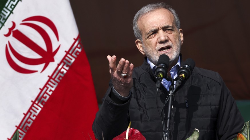 FILE - This photo released by the Iranian Presidency Office, President Masoud Pezeshkian speaks during a rally on Feb. 10, 2025, in Tehran, Iran. (Iranian Presidency Office via AP, File)
Iran