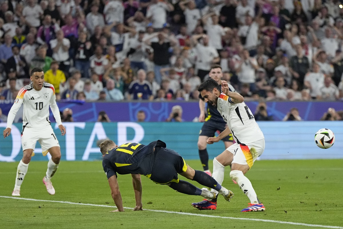 Scotland's Ryan Porteous, center left, fouls Germany's Ilkay Gundogan to give away a penalty during a Group A match between Germany and Scotland at the Euro 2024 soccer tournament in Munich, ...