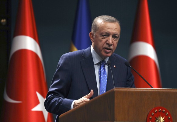 FILE - Turkish President Recep Tayyip Erdogan addresses the media during a joint press conference with the new Prime Minister of Sweden, Ulf Kristersson, in Ankara, Turkey, November 8, 2022. The President of Turkey…