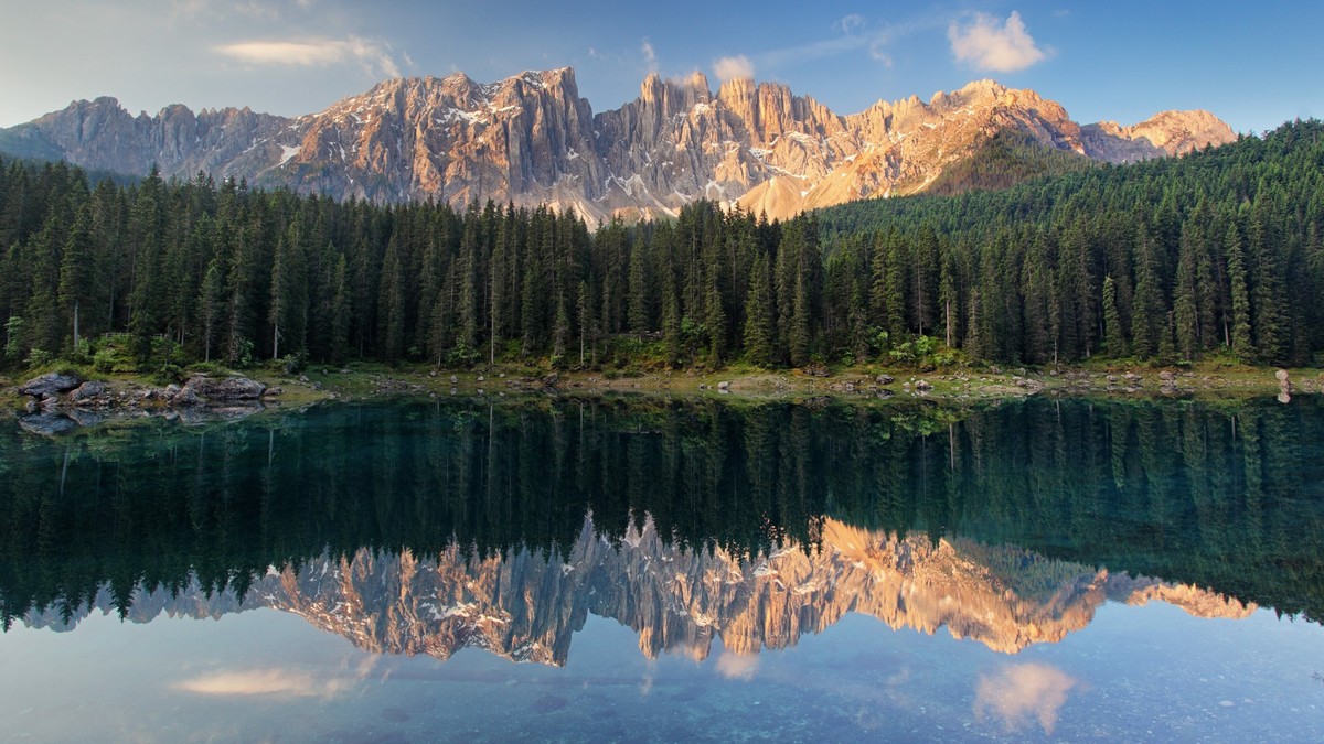 Lake Carezza, Dolomites, Italy xkwx scenic, carezza, lake, di, lago, surface, outdoor, latemar, italian, clear, see, mirroring, italy, rock, karer, south, sunny, summer, tyrol, sightseeing, mirror, do ...