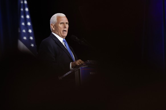 epaselect epa10945789 Republican candidate for President, former Vice President Mike Pence announces the end of his bid for US president during the 2023 Republican Jewish Coalition Annual Leadership M ...