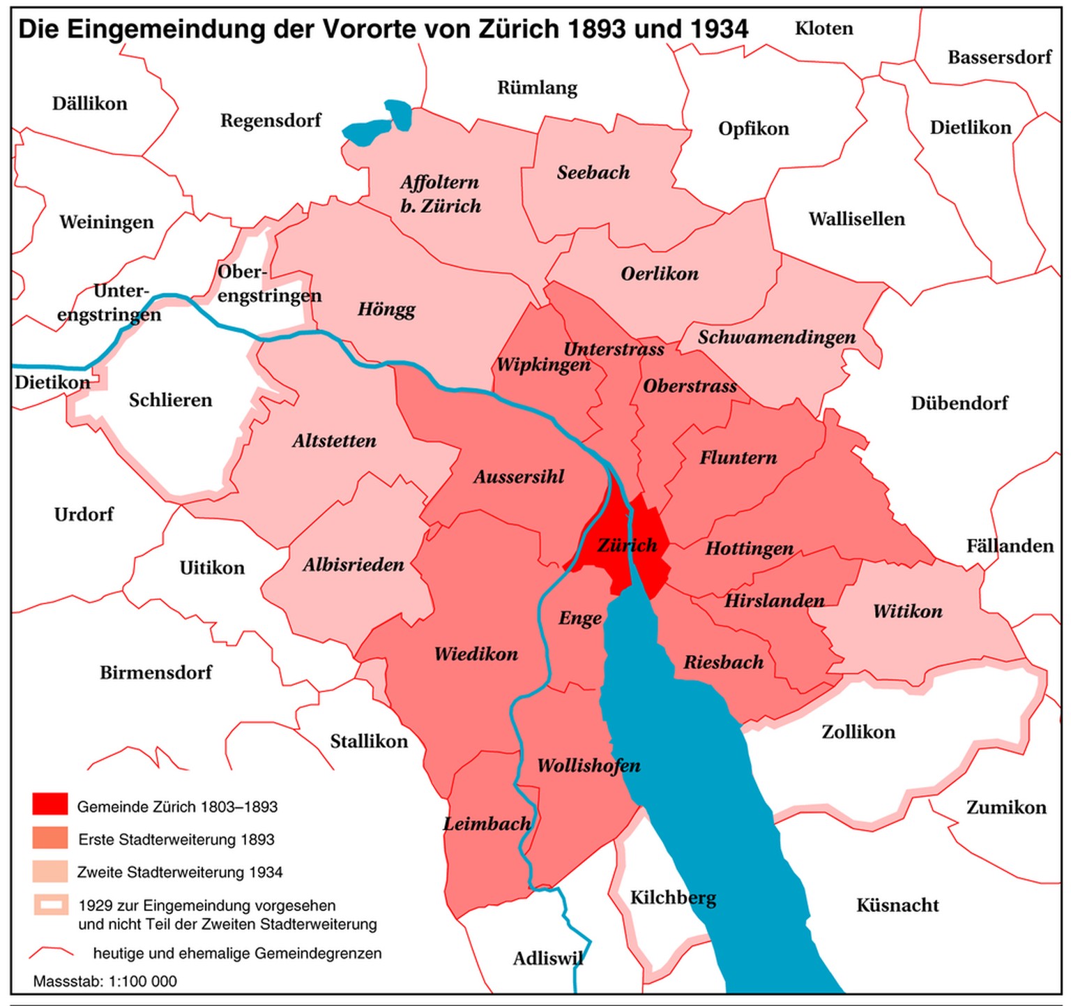 Die Eingemeindung der Zürcher Vororte 1894 und 1934.
https://commons.wikimedia.org/w/index.php?curid=883151