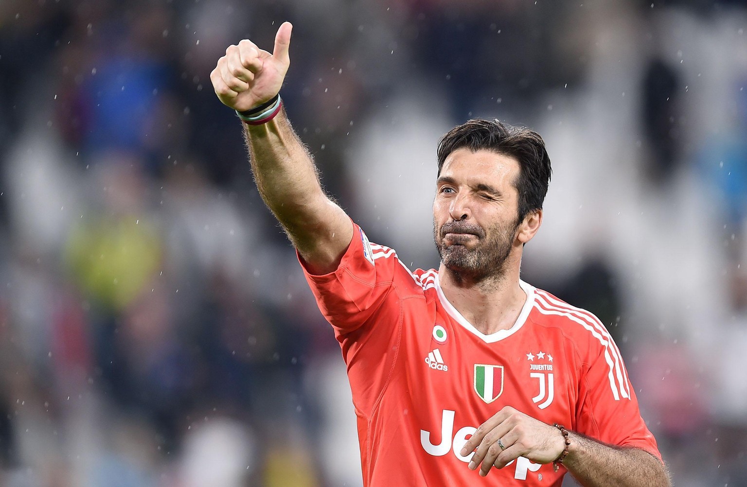 Juventus goalkeeper Gigi Buffon celebrates his team&#039;s victory at the end the Italian Serie A soccer match between Juventus and Sampdoria at the Allianz Stadium in Turin, Italy, Sunday, April 15,  ...