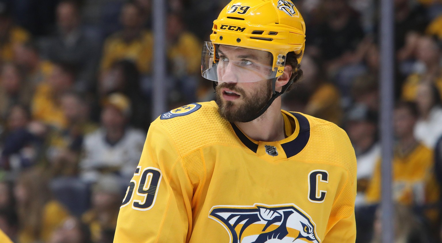 NASHVILLE, TN - MARCH 05: Nashville Predators defenseman Roman Josi 59, of Switzerland, is shown during the NHL, Eishockey Herren, USA game between the Nashville Predators and Dallas Stars, held on Ma ...