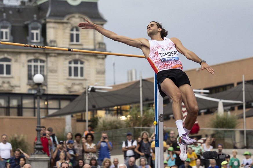 Gianmarco Tamberi of Italy competes in the High Jump Men during the city event of the Weltklasse IAAF Diamond League international athletics meeting at Sechselaeutenplatz in Zurich, Switzerland, Wedne ...