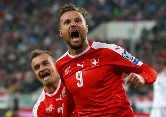 Football Soccer - Hungary v Switzerland - World Cup 2018 Qualifier - Groupama Arena, Budapest, Hungary - 07/10/16 Switzerland&#039;s Haris Seferovic celebrates scoring a goal with Xherdan Shaquiri . R ...