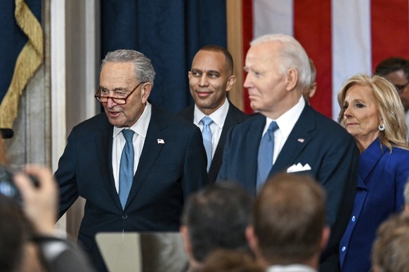 Senate Minority Leader Chuck Schumer, D-N.Y., , from left, House Minority Leader Hakeem Jeffries, D-N.Y., President Joe Biden and first lady Jill Biden arrive at the 60th Presidential Inauguration in  ...