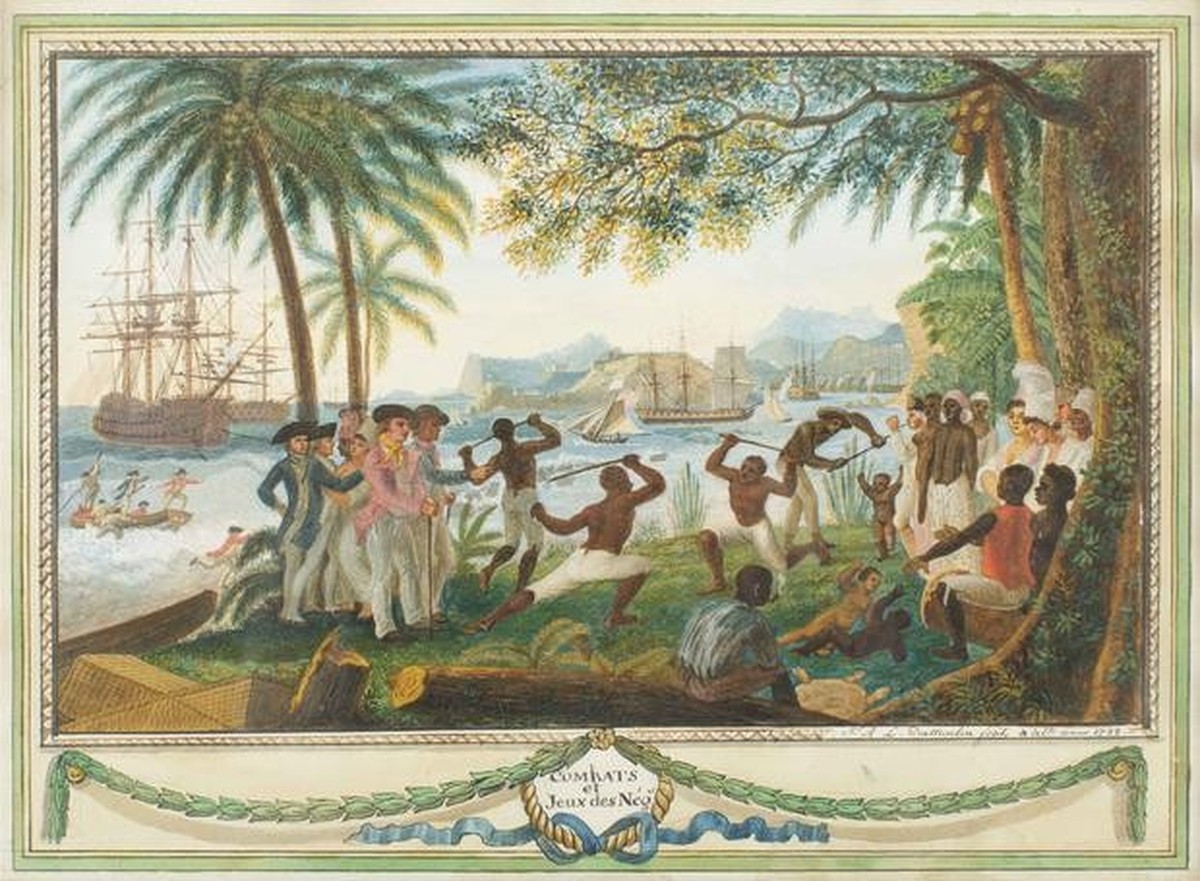 "Combats et Jeux des Nègres" (1788), réalisé par le peintre veyvesan François Aimé Louis Dumoulin.