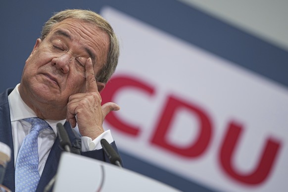 Candidate for chancellor of the Christian Union parties block Armin Laschet briefs the media after a leaders meeting of his Christian Democratic Union party CDU at the headquarters in Berlin, Monday,  ...