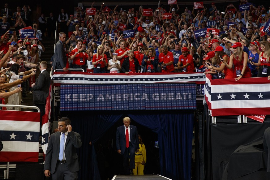 President Donald Trump arrives to speak at his re-election kickoff rally at the Amway Center, Tuesday, June 18, 2019, in Orlando, Fla. (AP Photo/Evan Vucci)