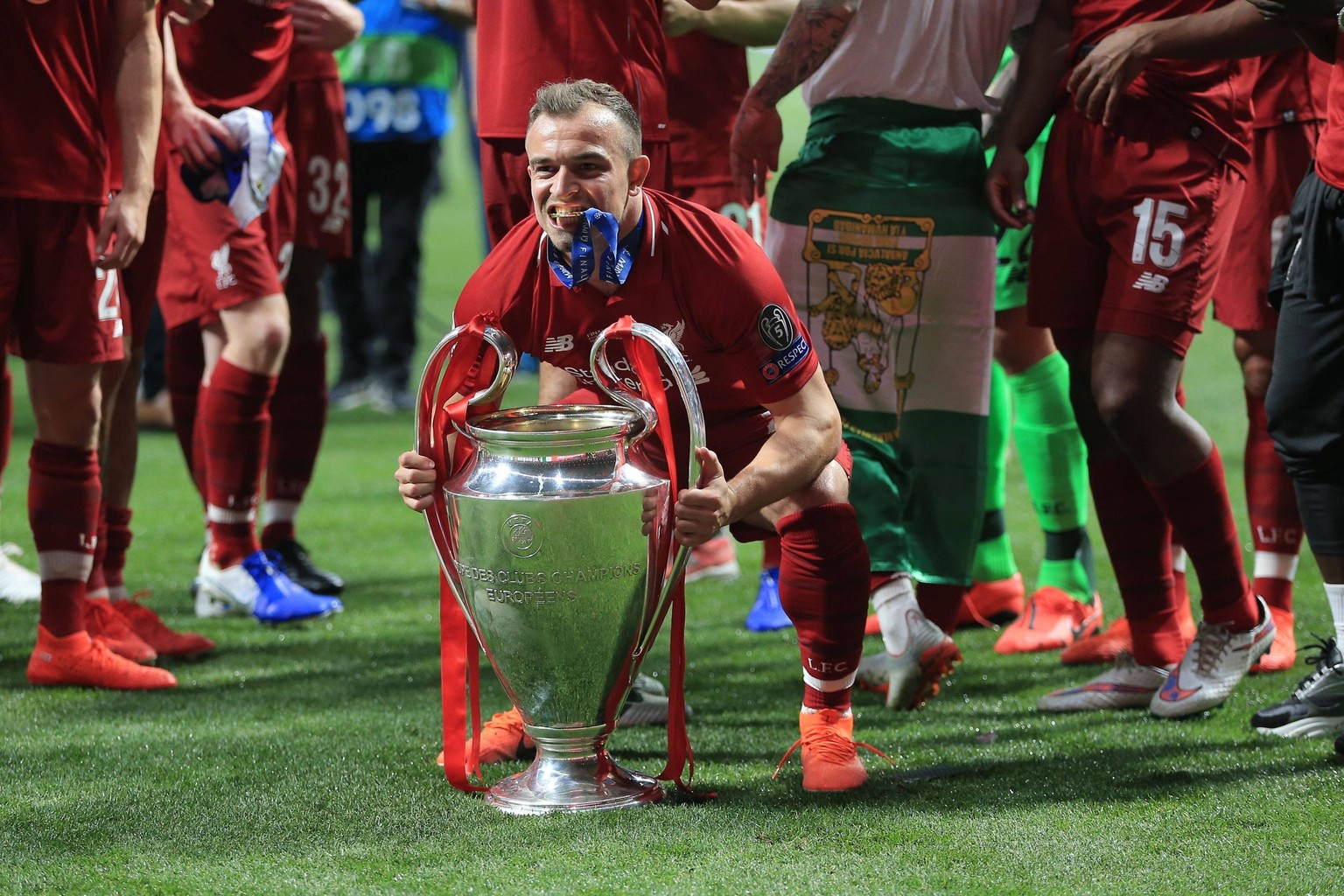 Mandatory Credit: Photo by BPI/Shutterstock 10265937wh Xherdan Shaqiri of Liverpool celebrates with the Champions League Trophy at the end Tottenham Hotspur v Liverpool, UEFA Champions League Final, F ...