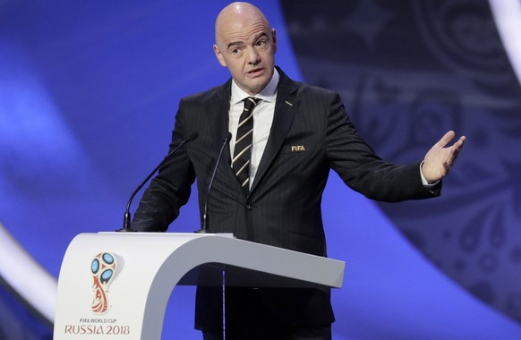 FIFA president Gianni Infantino speaks during the 2018 soccer World Cup draw in the Kremlin in Moscow, Friday, Dec. 1, 2017. (AP Photo/Dmitri Lovetsky)
