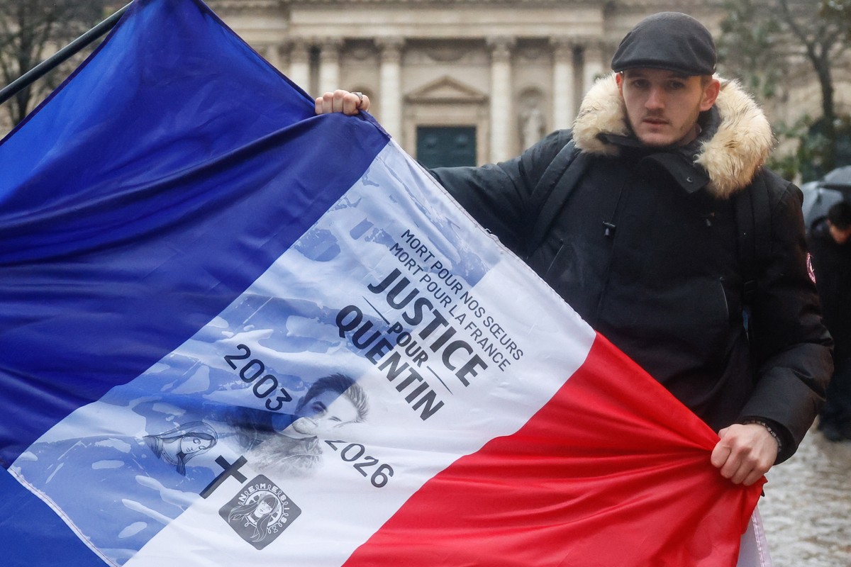 epa12744144 A French flag reading 'Justice for Quentin', displayed during a rally to pay tribute to the 23-year-old student killed in Lyon Quentin, in place de la Sorbonne, Paris, France, 15 ...