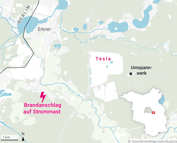 Die Tesla-Fabrik befindet sich östlich von Berlin. Der Anschlag auf den Strommast geschah rund zehn Kilometer von der Fabrik entfernt.