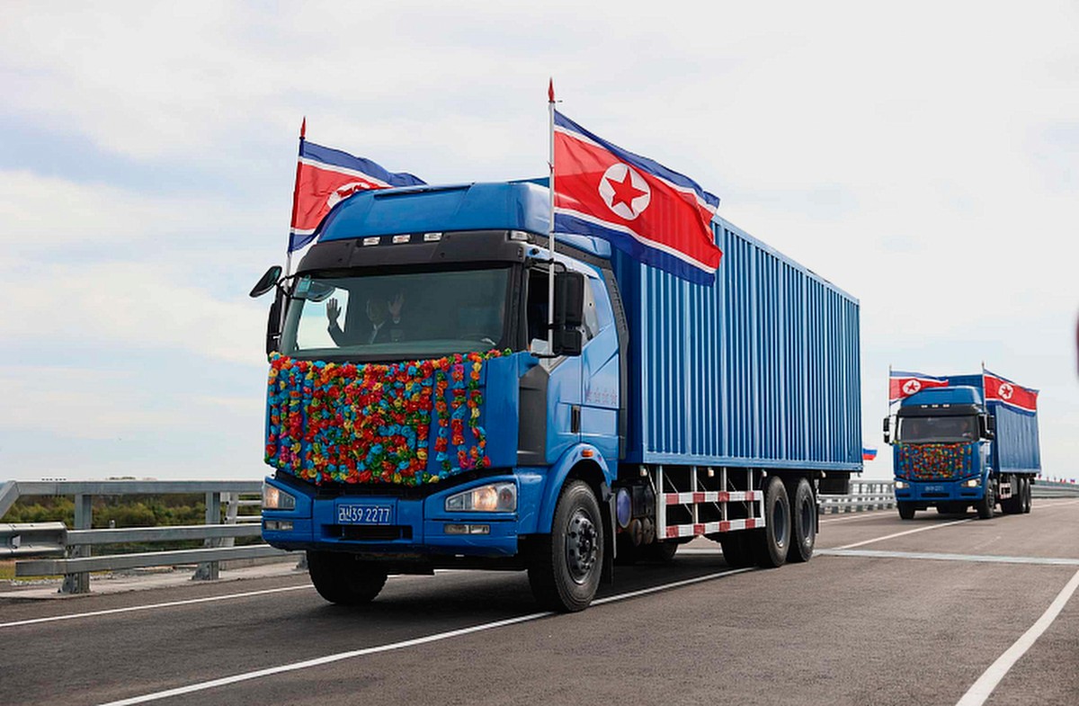 In this photo released by the Government of Primorsky Krai Region on Monday, Sept. 7, 2026, North Korean trucks drive across the new bridge between Russia and North Korea named after the Soviet office ...