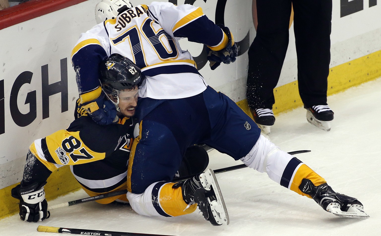 Nashville Predators&#039; P.K. Subban (76) tangles with Pittsburgh Penguins&#039; Sidney Crosby (87) during the first period in Game 5 of the NHL hockey Stanley Cup Final, Thursday, June 8, 2017, in P ...