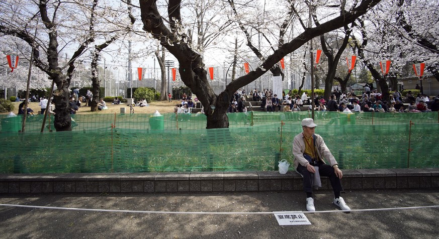 epa08312867 An elderly man sits under cherry blossoms at Ueno Park in Tokyo, Japan, 22 March 2020. Authorities asked visitors to not hold &#039;hanami&#039; (or blossom viewing) parties to limit the s ...