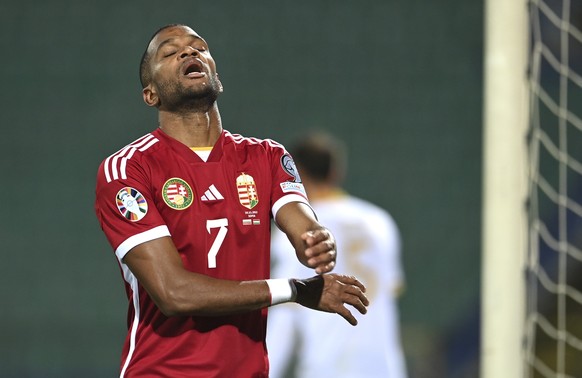 epa10978959 Loic Nego of Hungary reacts during the UEFAEURO 2024 Group G qualification match between Bulgaria and Hungary in Sofia, Bulgaria, 16 November 2023. EPA/VASSIL DONEV