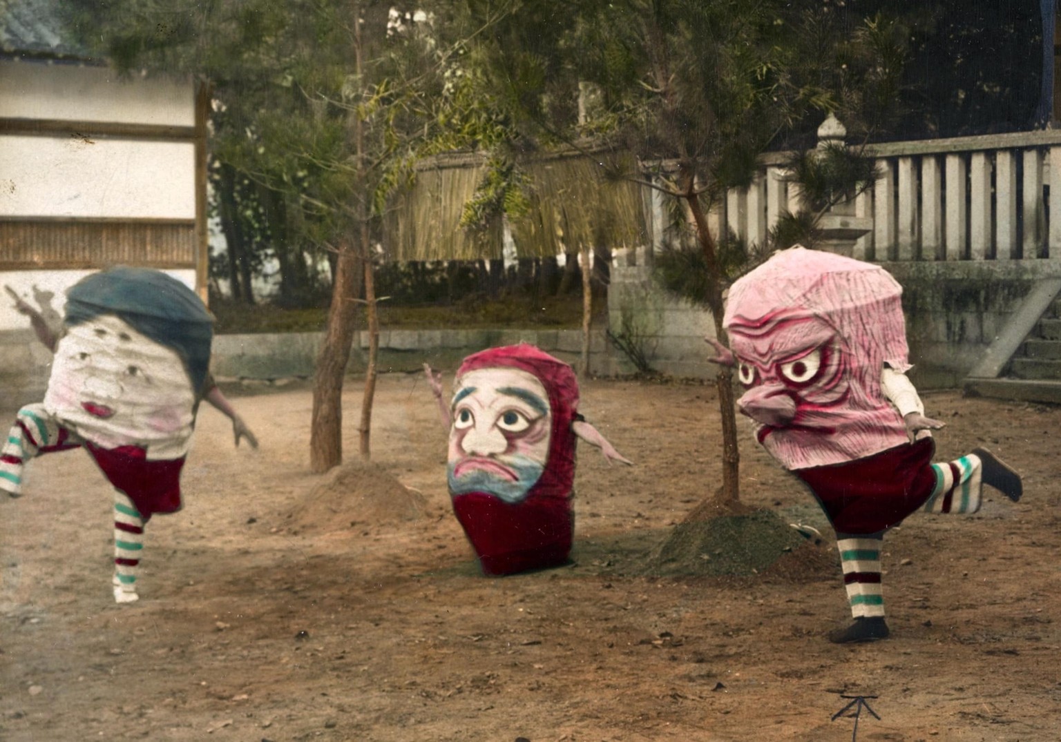 Children celebrating New Years Day by dancing in mask-like costumes. Kobe, Japan, 1905. Photo by Eliza R. Scidm