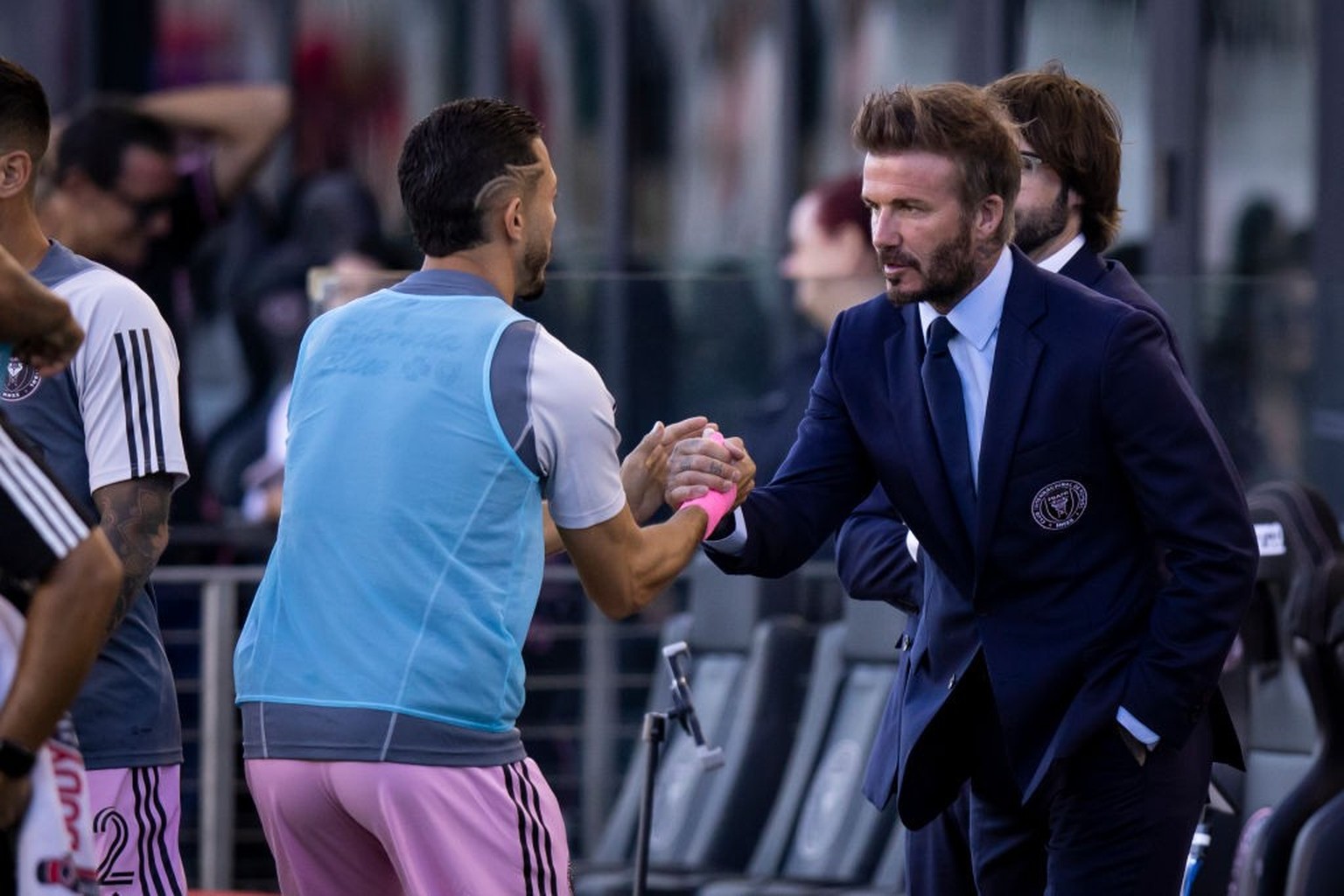 FORT LAUDERDALE, FL - APRIL 08: David Beckham Co-Owner of Inter Miami CF greets players at the start of the the Major League Soccer match against FC Dallas at DRV PNK Stadium on April 8, 2023 in Fort  ...