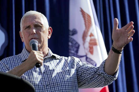 Republican presidential candidate former Vice President Mike Pence speaks during a Fair-Side Chat with Iowa Gov. Kim Reynolds at the Iowa State Fair, Friday, Aug. 11, 2023, in Des Moines, Iowa. (AP Ph ...