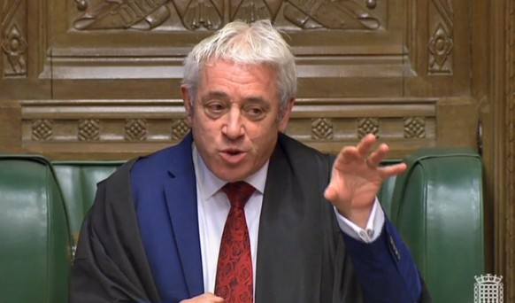 epa07932739 A grab from a handout video made available by the UK Parliamentary Recording Unit shows speaker of the parliament John Bercow addressing MPs during a debate at the House of Commons in Lond ...
