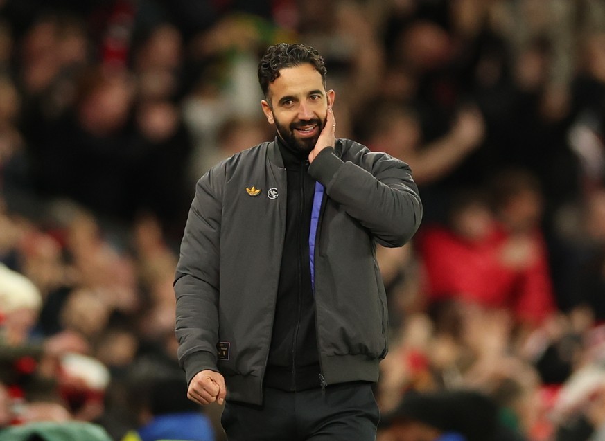 epa12482289 Manchester United manager Ruben Amorim smiles after his side scored the 4-2 goal during the English Premier League match between Manchester United and Brighton &amp; Hove Albion, in Manche ...