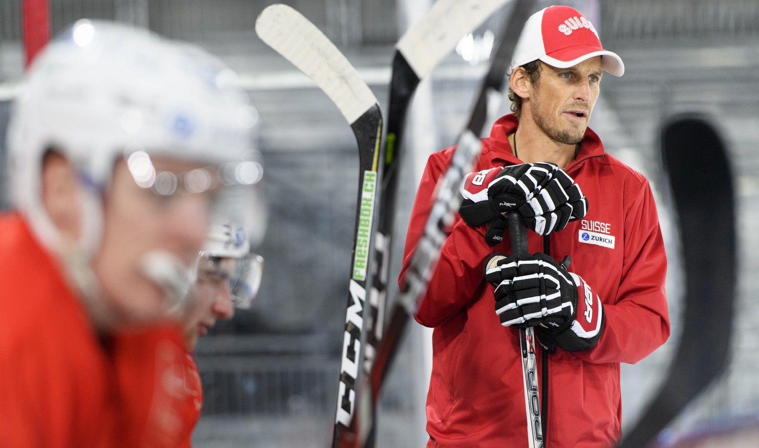 Patrick Fischer, head coach of Switzerland national ice hockey team looking at a practice session ahead of the IIHF 2018 World Championship at the Malley 2.0 arena in Lausanne, Switzerland, Thursday,  ...