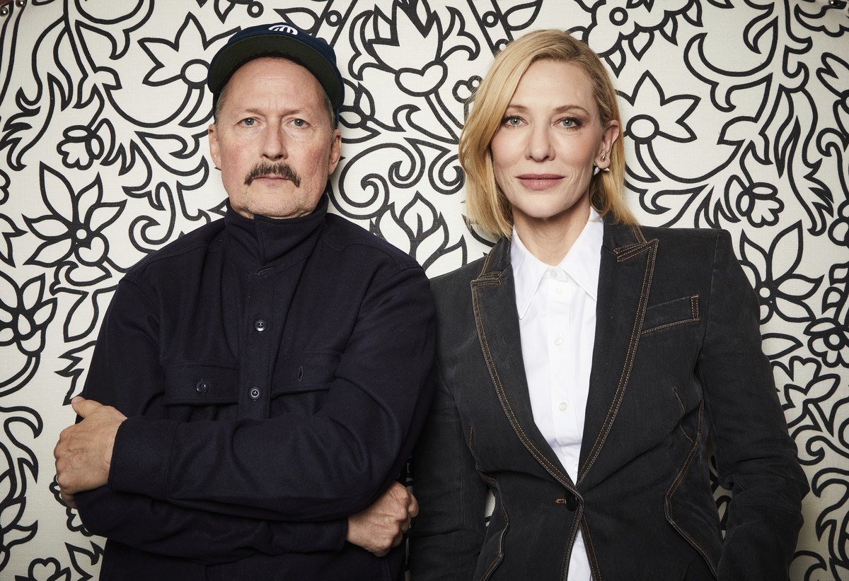 Todd Field, left, and Cate Blanchett pose for a portrait on Oct. 2, 2022, in New York to promote the film Tár,�?� in which Blanchett plays a trailblazing conductor whose status is threatened amid a mi ...